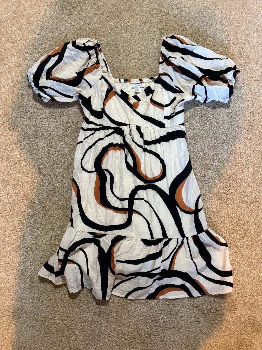 Nine West Babydoll Mini Dress Size L Abstract Print Puff Sleeve